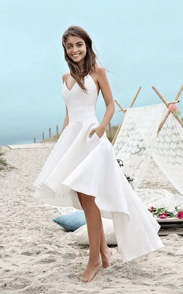 High-low Spaghetti Straps Simple Beach Wedding Dress With Ruching