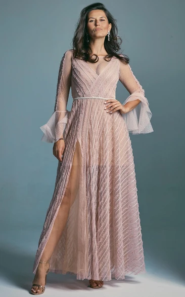 Illusion Long Sleeve Blushing Pink Backless Floor-length Bateau-neck Wedding Dress