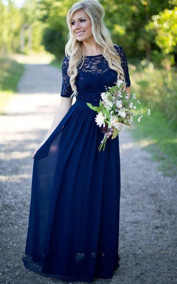 A-Line Lace Scoop-Neckline Short-Sleeved Chiffon Dress