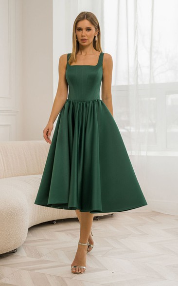 Green Sleeveless Square-neck Satin A-line Tea-length Dress