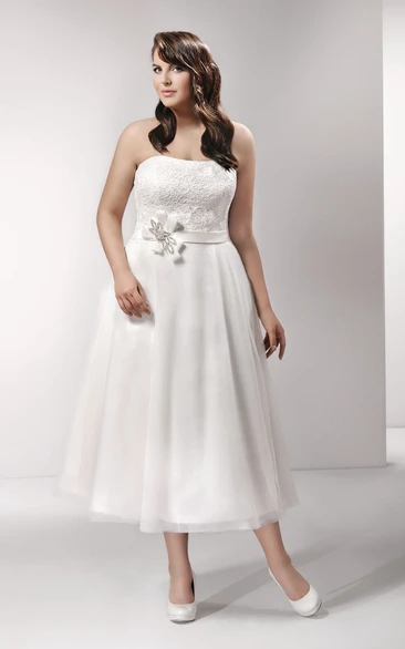 Strapless A-line Tea-length Satin Tulle Wedding Dress With Lace top