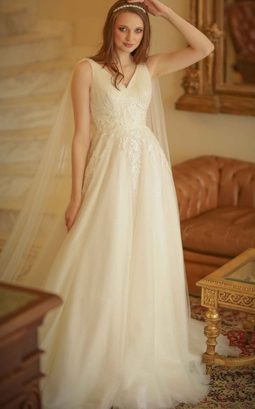 Modern A Line Tulle Floor-length Watteau Train Sleeveless Corset Back Wedding Dress with Appliques