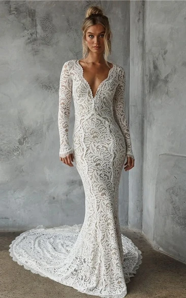 Plunged Sheer Lace Long Sleeve Sheath Sexy Wedding Dress with Court Train
