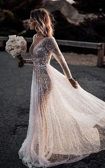 Ethereal Illusion Long Sleeve Plunged Tulle Sheath Wedding Dress with Beadings