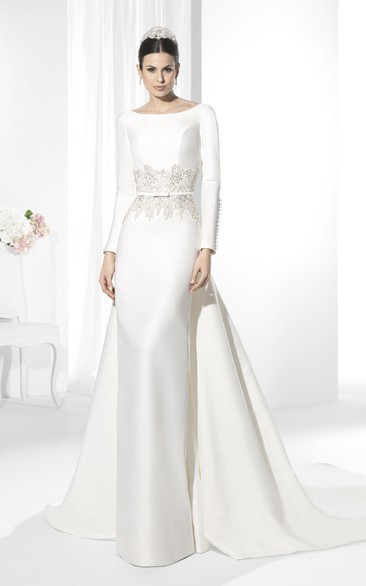 Sheath Scoop Long Sleeve Floor-length Satin Wedding Dress with Low-V Back and Bow