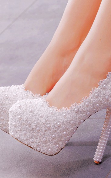 White lace super high heel pearl wedding shoes