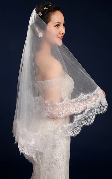 Fingertip Tulle Wedding Veil with Lace Edge