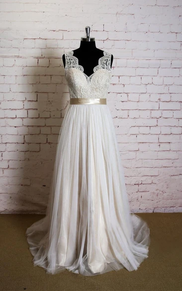 Wedding Champagne Lining Sleeveless V-Neckline Gown