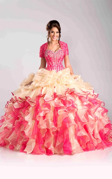 Sweetheart Cascading Ruffled Strapless Sequined Lace-Up Ball Gown