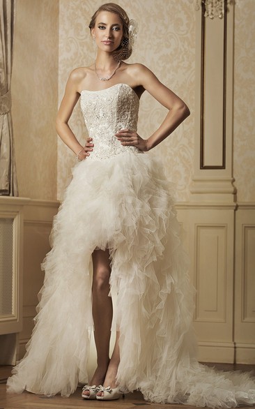 A-line Strapless Sleeveless Floor-length Tulle Wedding Dress with Corset Back and Cascading Ruffles