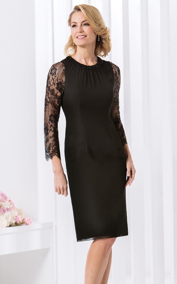 Pencil Scoop Long Sleeve Knee-length Chiffon Mother Of The Bride Dress with Illusion