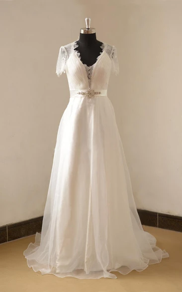Floor-Length Beaded Satin Sash Wedding Organza V-Neckline A-Line Gown