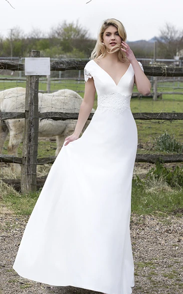 Satin Appliqued Wedding Dress With Plunging V-neck And Floral Cap Sleeves