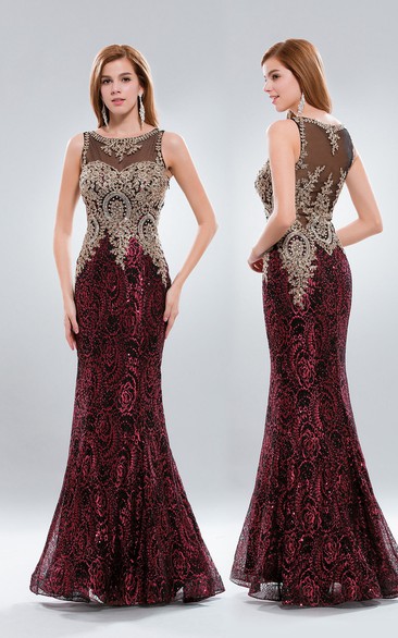 Mermaid/Trumpet Bateau Sleeveless Floor-length Lace Prom Dress with Illusion and Sequins