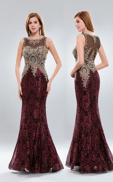 Mermaid/Trumpet Bateau Sleeveless Floor-length Lace Prom Dress with Illusion and Sequins
