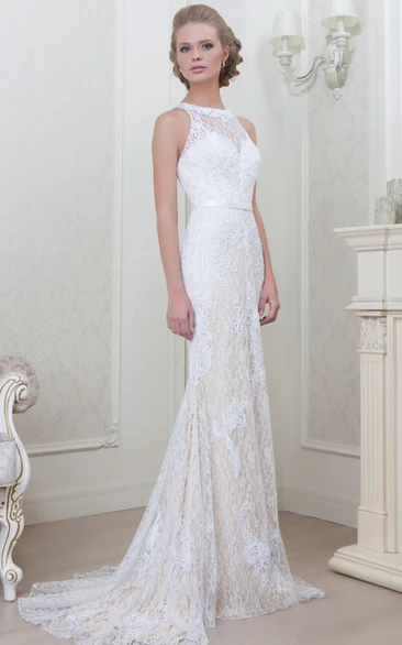 Sheath Jewel Neckline Sleeveless Lace Floor-length Wedding Dress With Illusion