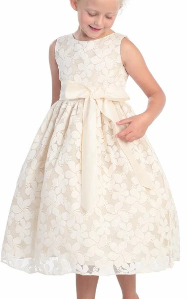 Embroidery 3-4-Length Floral Flower Girl Dress
