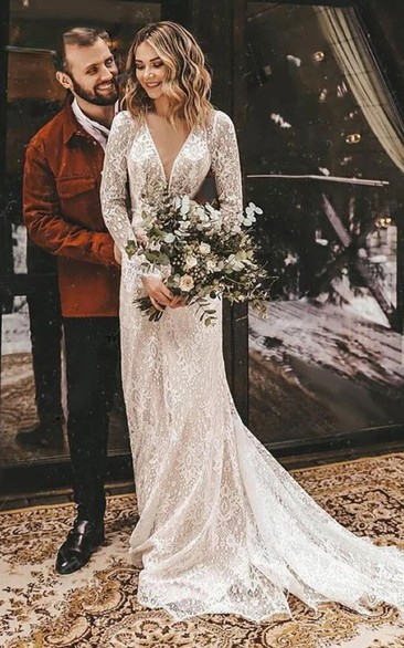 Plunged Lace Long Sleeve Country Keyhole Wedding Dress with Court Train