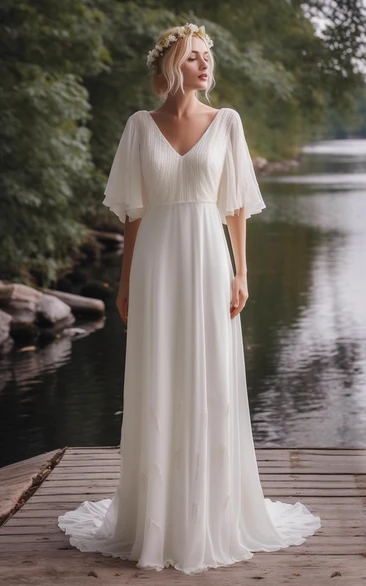 V-neck Poet Sleeve Chiffon Empire Godness Wedding Dress
