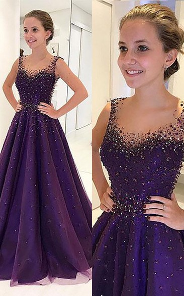 Purple Illusion Empire A-line Prom Dress with Beadings