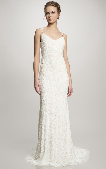 Sheath V-neck Sleeveless Floor-length Lace Wedding Dress with Deep-V Back and Straps