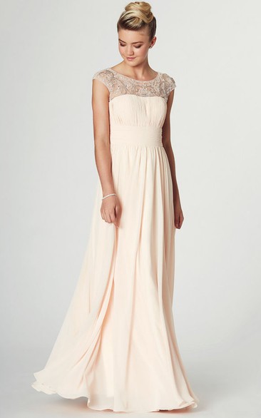 Cap-sleeve Ruched Chiffon Dress With Illusion And Beading