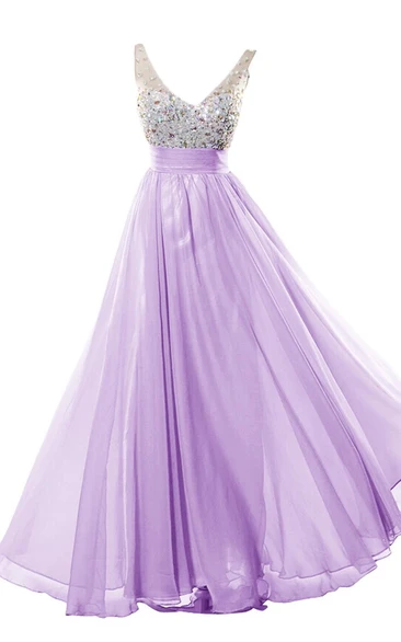 Crystal-Jeweled A-Line V-Neckline Glamorous Chiffon Gown