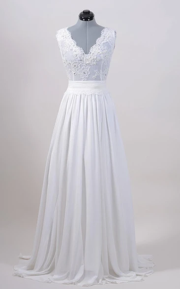 Lace Chiffon Skirt. V-Back Sleeveless Gown