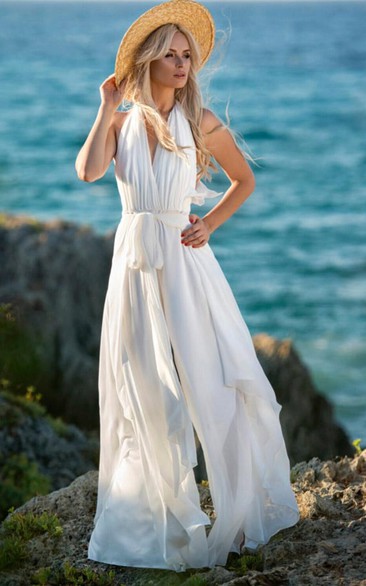 Beach Wedding Chiffon Sash Floor Length Sleeveless Bow Ruching Wedding Jumpsuit