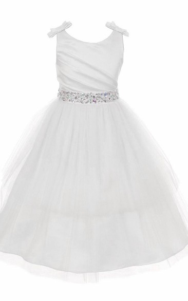 Ball Gown Jewel Sleeveless Tea-length Tulle/Satin Flowergirl Dress with Ruching and Beading
