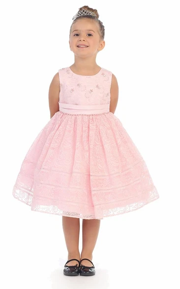 Pleated Satin Ribbon Layered 3-4-Length Lace Flower Girl Dress