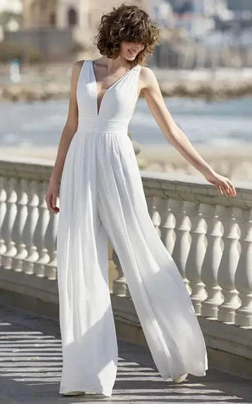 Ivory Bridal Jumpsuit with V-Neck Sleeveless Top Natural Waist and Floor-Length Design