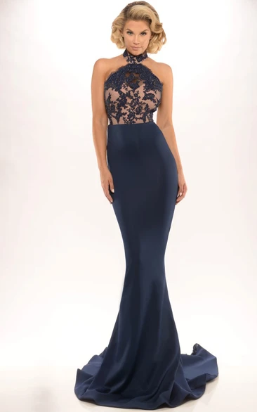 fishtail High Neck Sleeveless Jersey Prom Dress With Lace And Sweep Train
