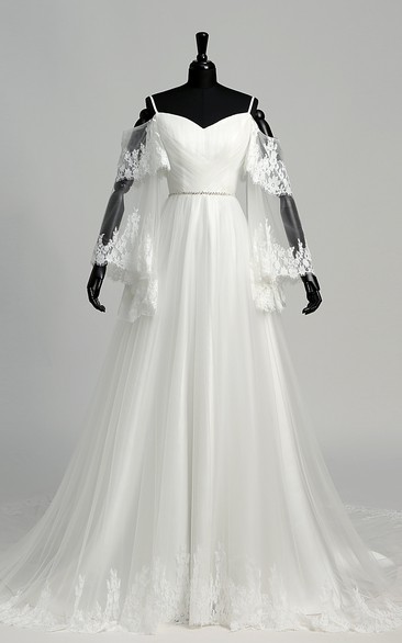 A-line Tulle Off-the-shoulder Spaghetti Floor-length Court Train Long Sleeve Wedding Dress with Appliques and Beading