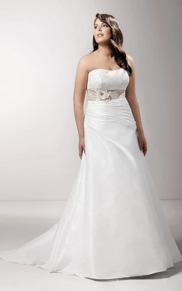 Strapless A-line Ruched Satin Wedding Dress With Lace And Flower