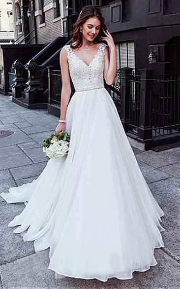 Cap Ball Gown Pleated A-line Beaded Wedding Dress with Court Train