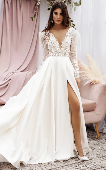 Elegant Long Sleeve Plunged Front Split Chiffon Applique Chiffon Wedding Dress