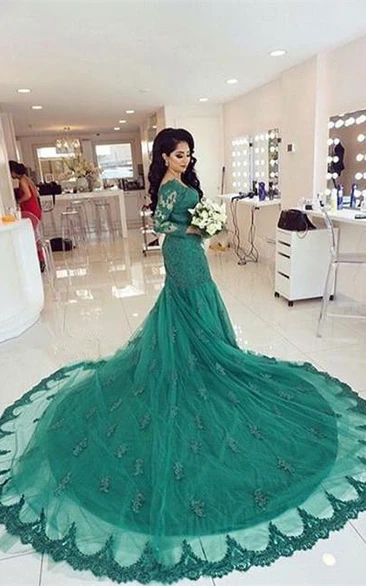Elegant Lace Appliques Mermaid Evening Dress Court Train Long Sleeve