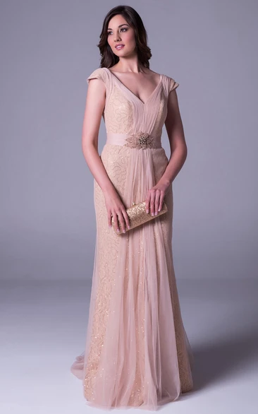 Sheath V-neck Cap-Sleeve Floor-length Tulle Evening Dress with Low-V Back and Waist Jewellery
