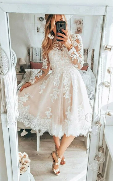 Long Sleeve Lace Empire A-line Tea-length Backless Wedding Dress