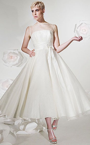 A-line Jewel Sleeveless Tea-length Tulle/Satin Wedding Dress with Illusion and Keyhole