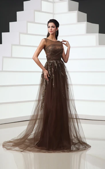 Tulle Embroidery Sequins Bateau-Neck Backless Gown