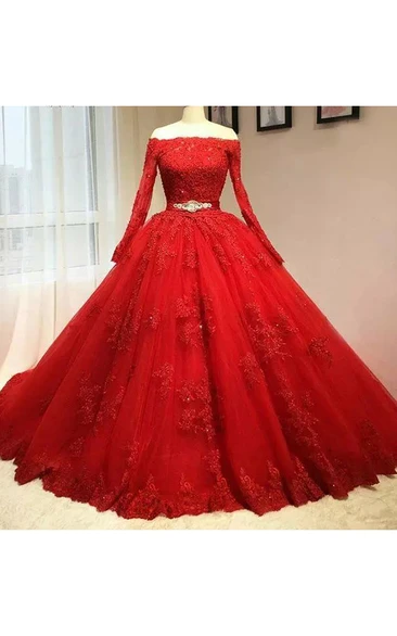 Ball Gown Long Sleeve Floor-length Off-the-shoulder Lace Tulle Prom Dress with Zipper Back