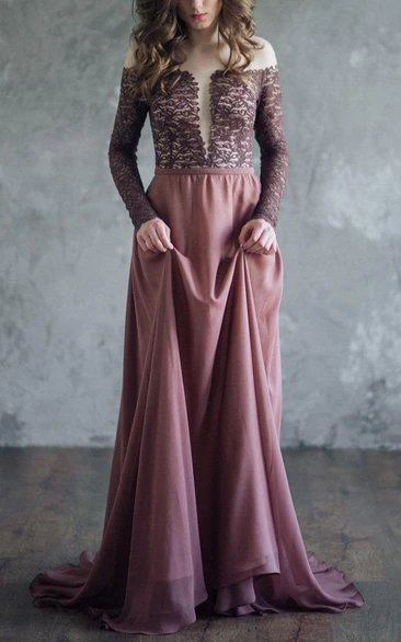 Off-the-shoulder Plunged Floor-length Dress With Lace top And Sweep Train