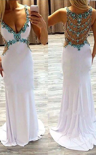 White Sheath Sleeveless Sexy Prom Dress with Beadings