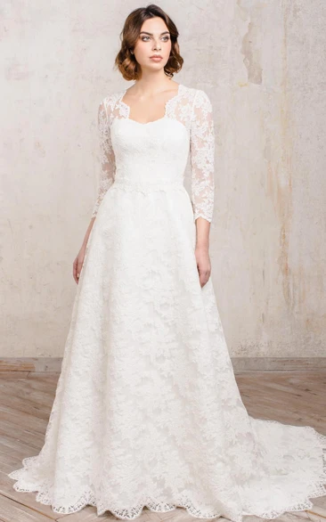 Romantic A Line Queen Anne Lace Floor-length 3/4 Length Sleeve Wedding Dress