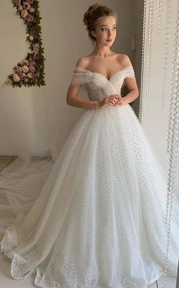A-line Ball Gown Tulle Criss-cross Off-the-shoulder Beaded Wedding Dress