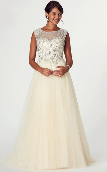 A-line Scoop Sleeveless Floor-length Tulle Evening Dress with Keyhole and Appliques