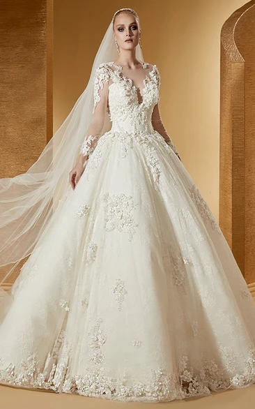 glam Long Sleeve Appliqued Ball Gown Dress With Illusion And Chapel Train