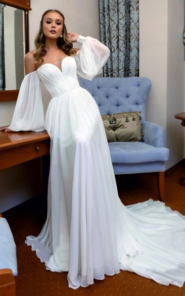 A Line Off-the-shoulder Chiffon Floor-length Court Train Long Sleeve Corset Back Wedding Dress